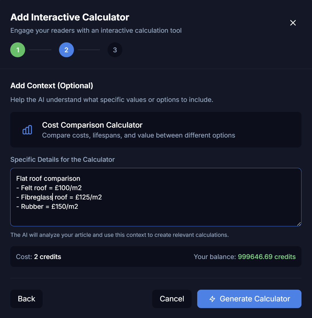 Calculator configuration with custom context and AI generation